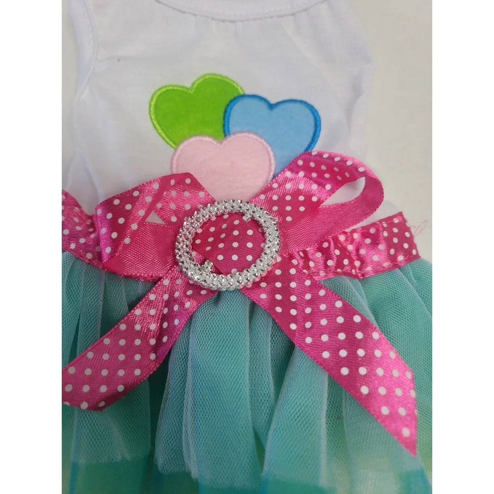 Small Pet Tutu Dress White Teal Green Pink Polka Dot‎ Ribbon Dog Cat Size S